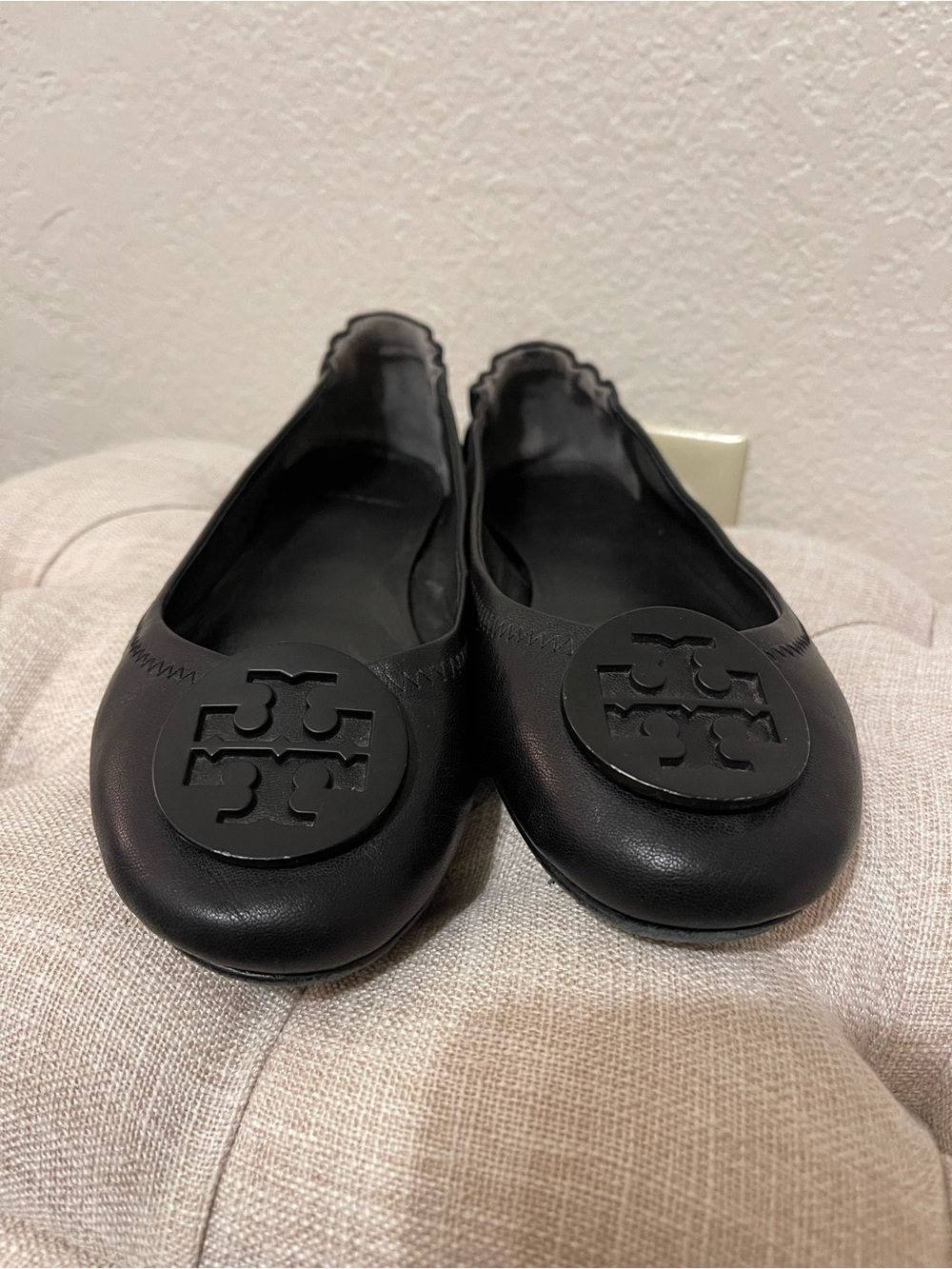 Tory Burch Classic Black Leather Logo Ballet Flats